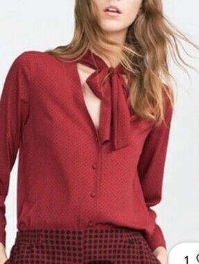 Zara  Red Dot Tie-Neck Blouse